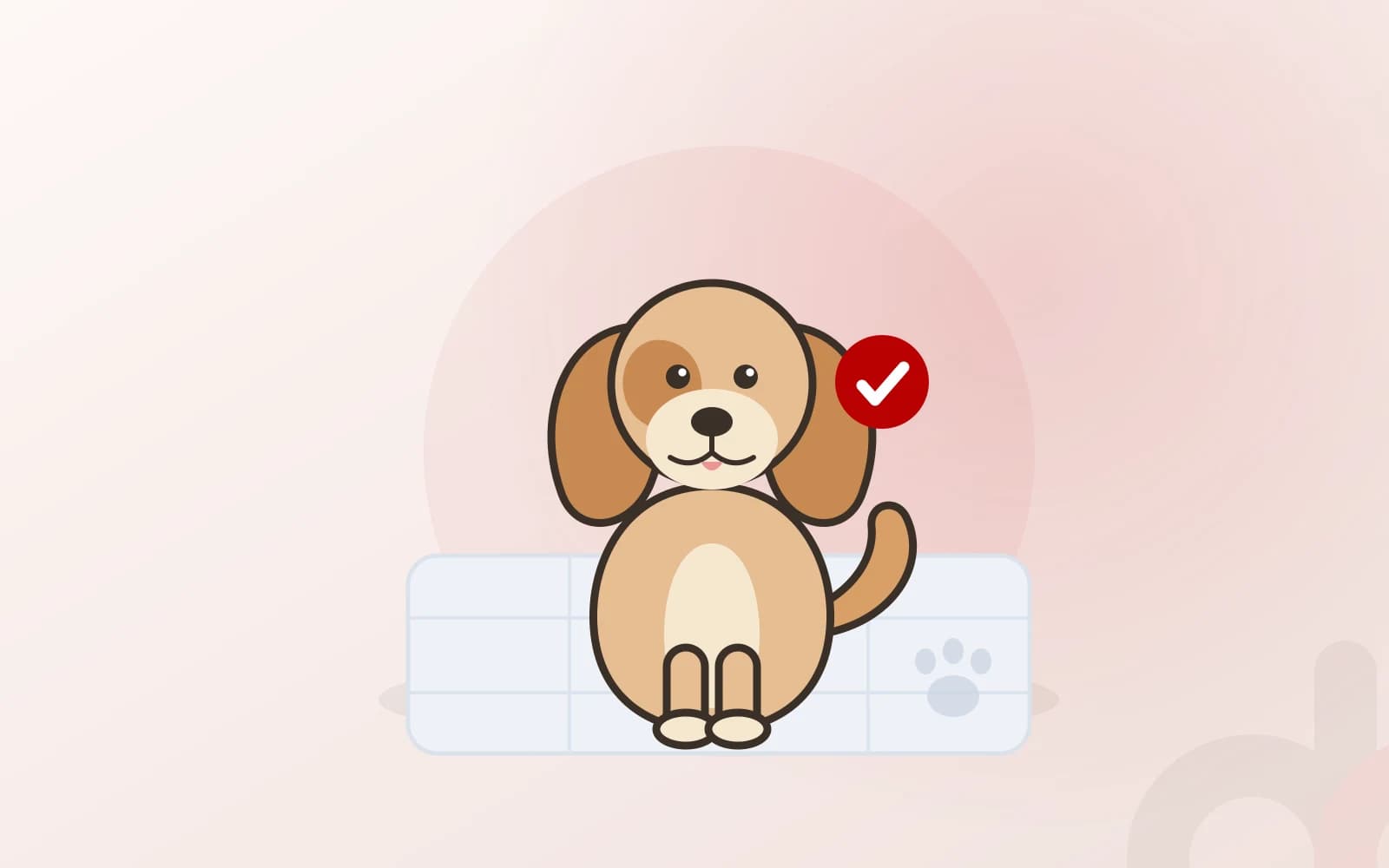Eğitim pedinde oturan yavru köpek ve kırmızı onay işareti — tuvalet eğitimi illüstrasyonu