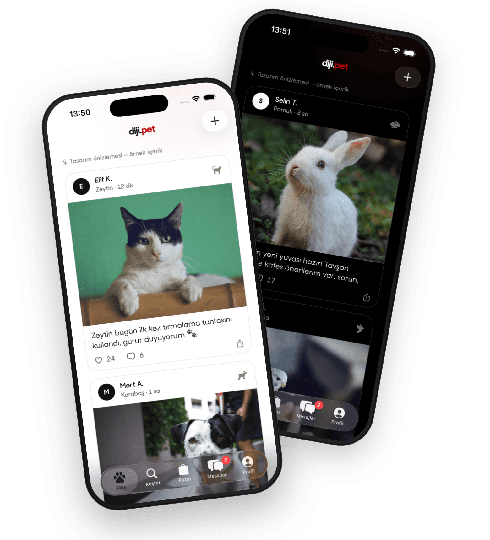 Two iPhones showing the diji.pet social feed — posts with a cat and a rabbit