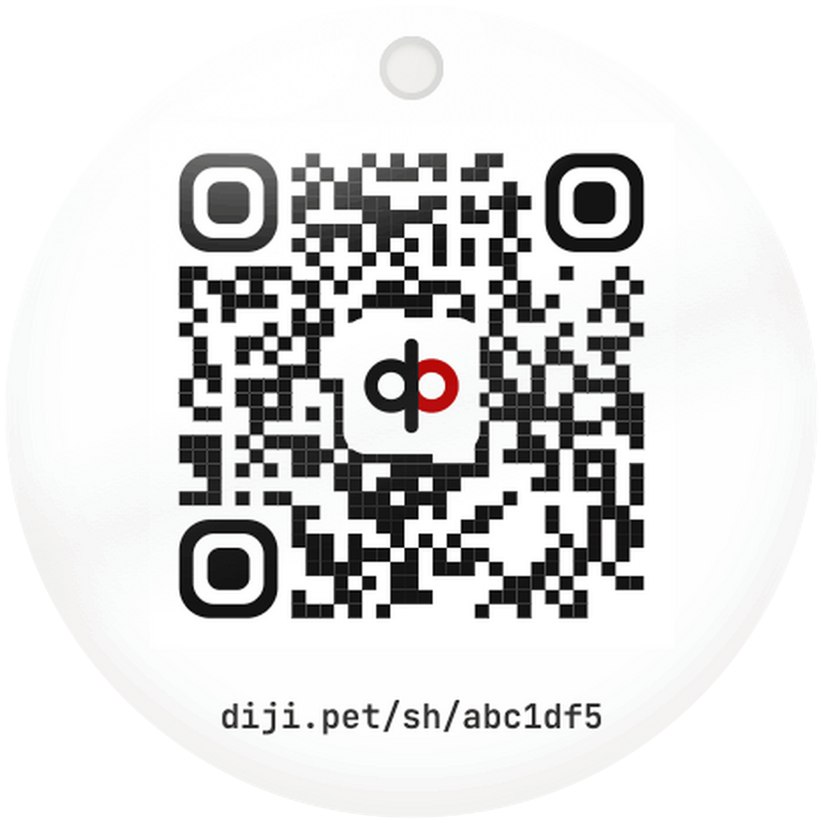 diji.pet QR tasma künyesi — ortasında diji.pet sembollü QR kod ve diji.pet/sh kısa adresi